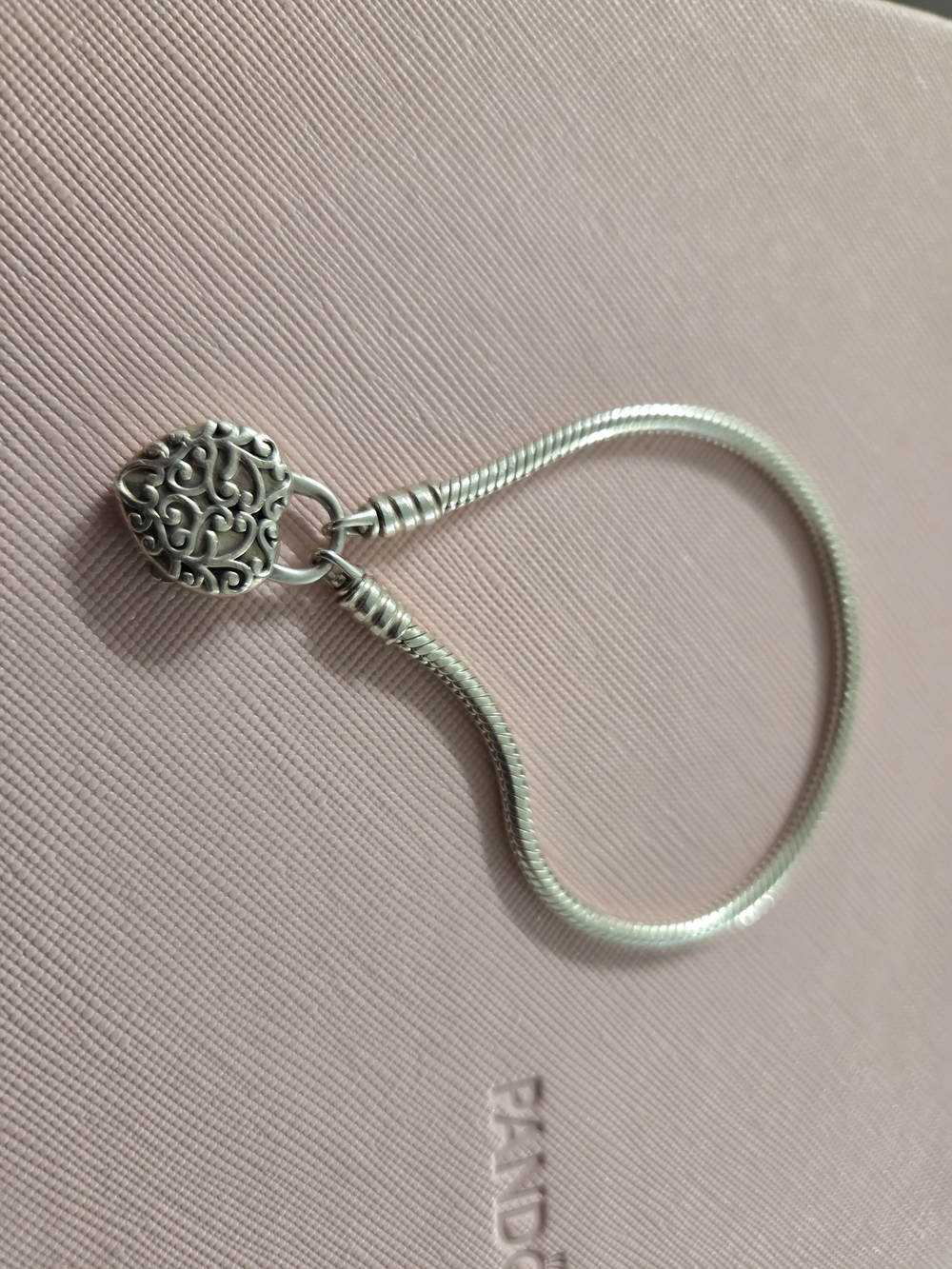 Sterling Silver Heart Charm Snake Chain Bracelet - Silver